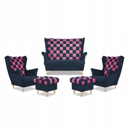 Zestaw uszak CAROL DUO sofa fotele pufy Family Meble granatowo - różowy