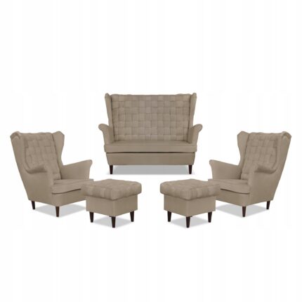 Zestaw wypoczynkowy Carol sofa fotele pufy paski Family Meble beżowy