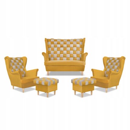 Zestaw uszak CAROL DUO sofa fotele pufy Family Meble żółty miodowo - szary