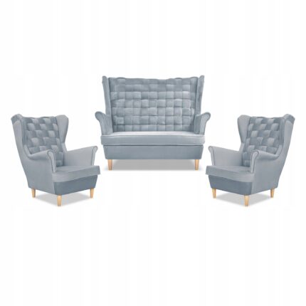 Zestaw wypoczynkowy Carol sofa fotele paski Family Meble błękitny