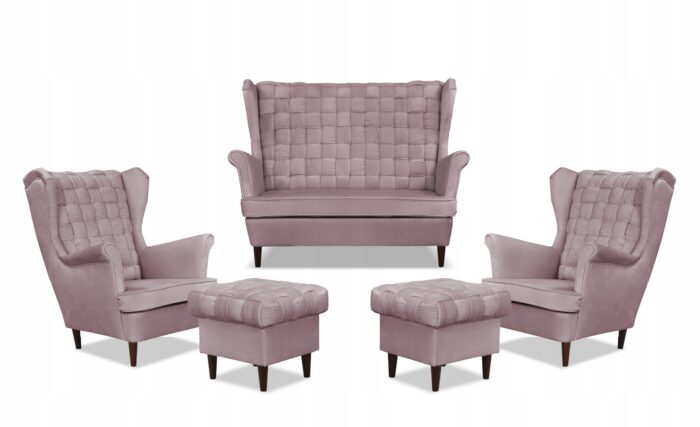 Zestaw wypoczynkowy Carol sofa fotele pufy paski Family Meble różowy - obrazek 9