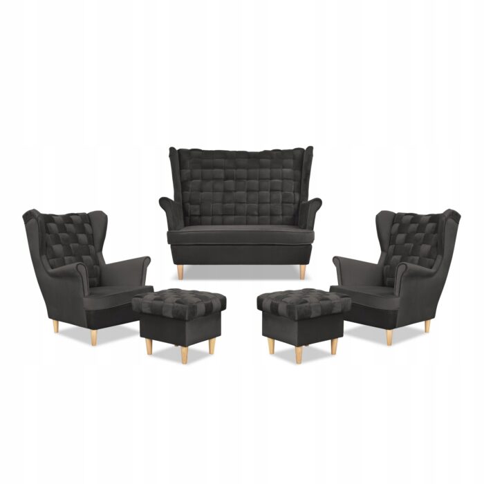 Zestaw wypoczynkowy Carol sofa fotele pufy paski Family Meble grafitowy - obrazek 1