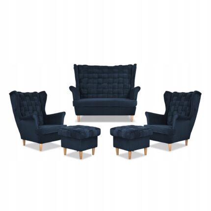 Zestaw wypoczynkowy Carol sofa fotele pufy paski Family Meble granatowy