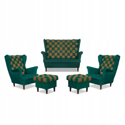 Zestaw uszak CAROL DUO sofa fotele pufy Family Meble zielono - brązowy
