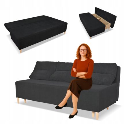 Kanapa sofa KIMO funkcja spania pojemnik Family Meble Anafi czarna sztruks