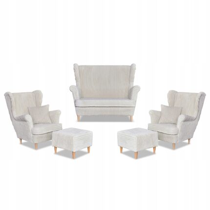 Zestaw uszak Rene Estella sofa fotele pufy Family Meble beżowy sztruks