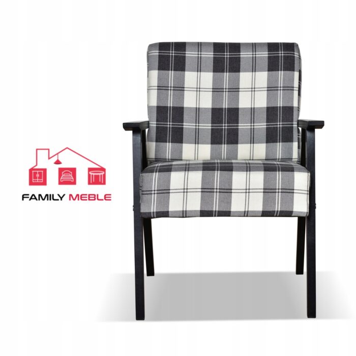 Fotel w stylu PRL retro vintage SOLER Family Meble krata granatowo - biała - obrazek 3