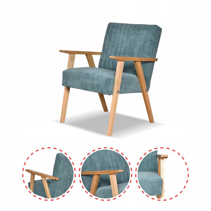 Fotel w stylu PRL retro vintage SOLER Family Meble miętowy sztruks Anafi - DOSTĘPNY OD RĘKI - obrazek 4