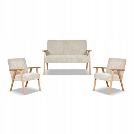 Zestaw mebli PRL retro SOLER sofa fotele Family Meble beżowy sztruks Anafi