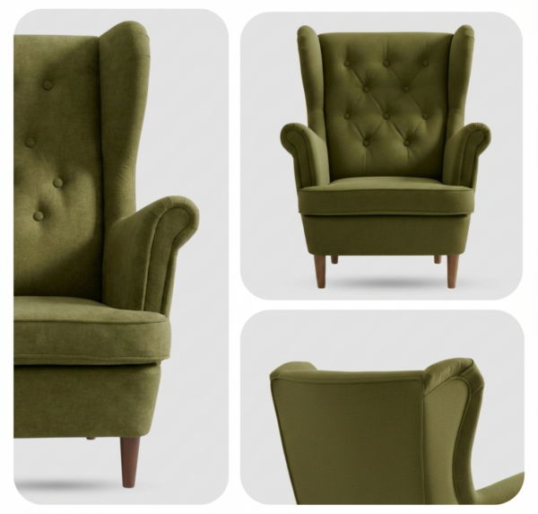 Fotele uszaki skandynawskie zielone jasne khaki welur Diana Family Meble — detale