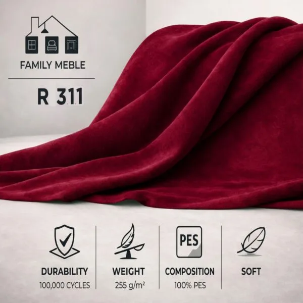 Fotel uszak skandynawski podnóżkiem pufą czerwony welur Zoja Family Meble — tkanina