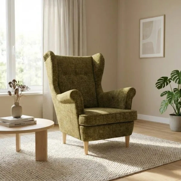 Fotel uszak skandynawski szenil welur premium zielony Ramona Family Meble — komfort