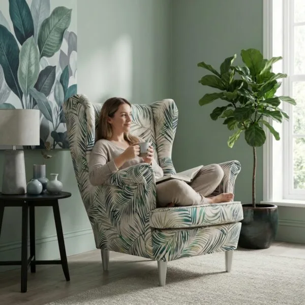 Fotel uszak skandynawski palmy beżowe design style trop Print Family Meble — komfort