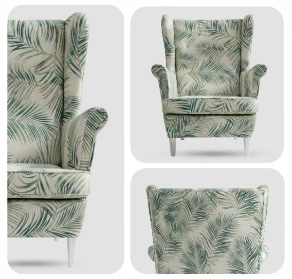 Fotel uszak skandynawski palmy beżowe design style trop Print Family Meble — detale