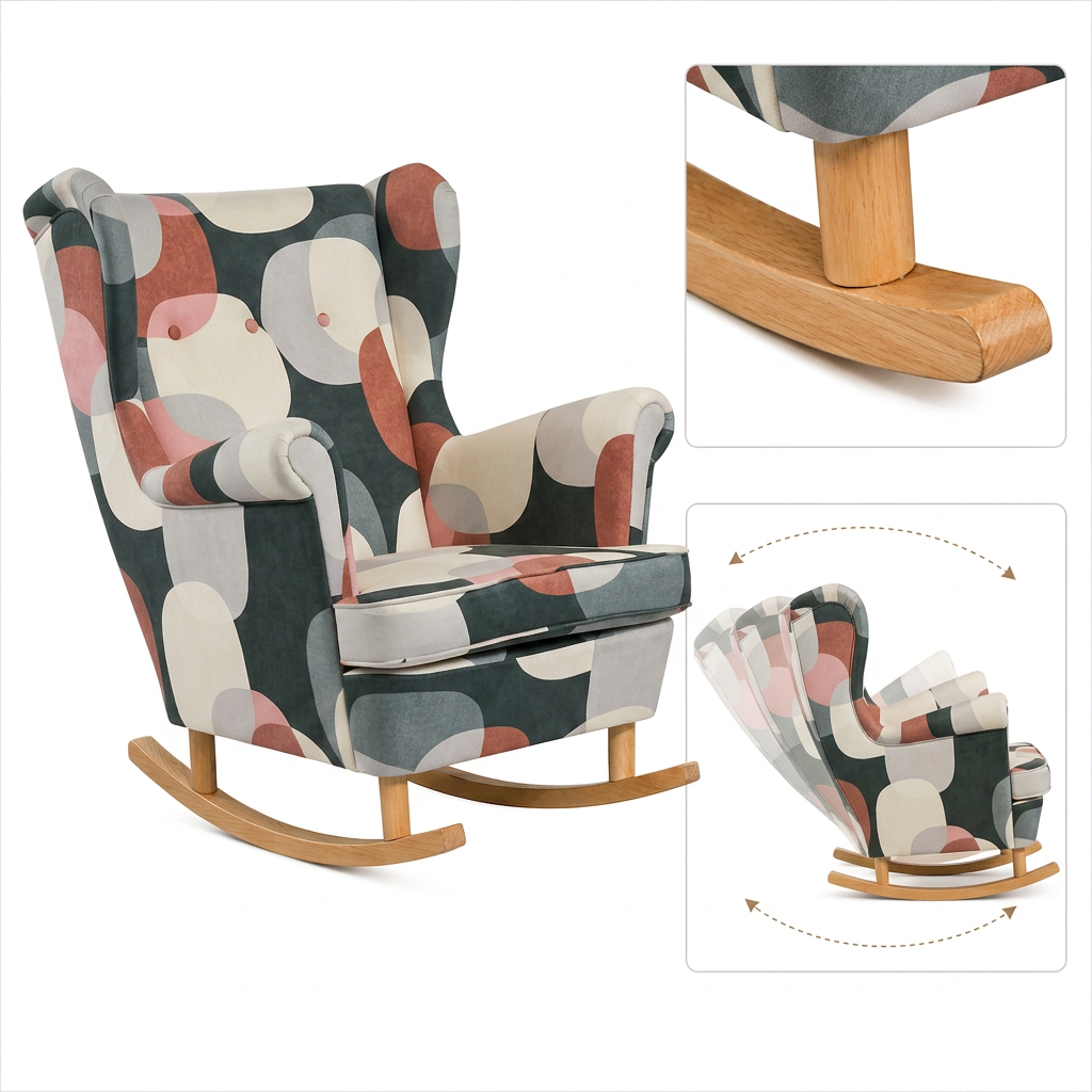Fotel uszak skandynawski bujany płozach wielokolorowy salon Design Family Meble