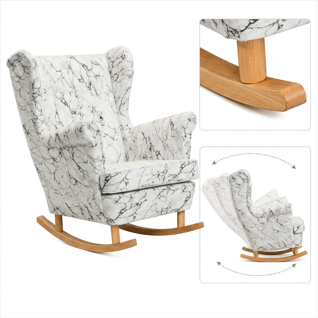 Fotel uszak skandynawski bujany płozach biały salon Design Family Meble