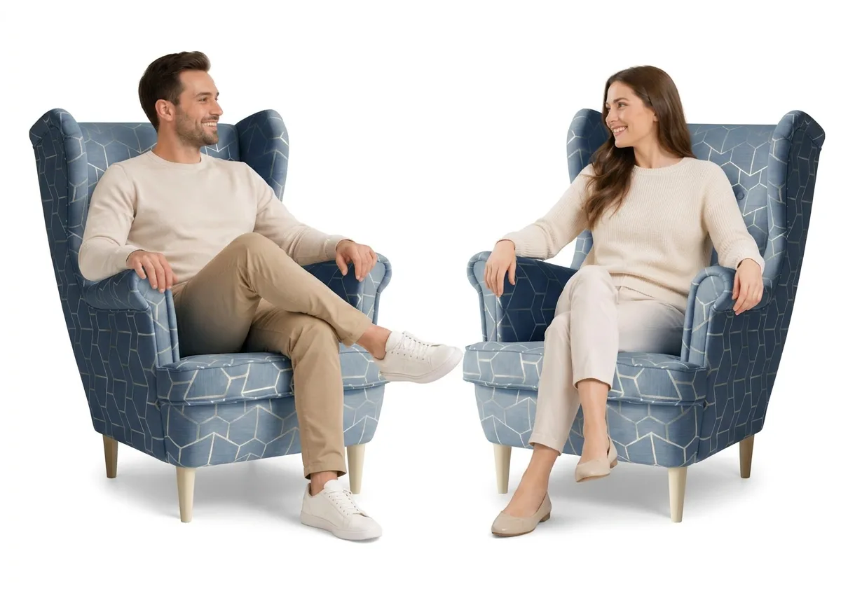 Fotele uszak skandynawskie niebieskie wzór welur pastel Design Family Meble