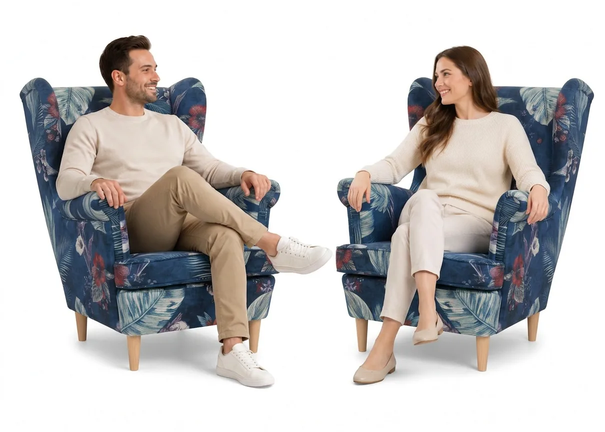 Fotele uszaki skandynawskie zestaw kwieciste welur kwiaty róże Family Meble — niebieski – Spring 2