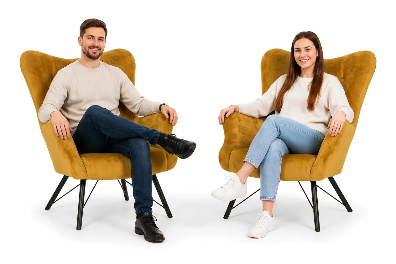 Fotele skandynawskie beżowe uszaki złote nogi welur salon Luna Family Meble