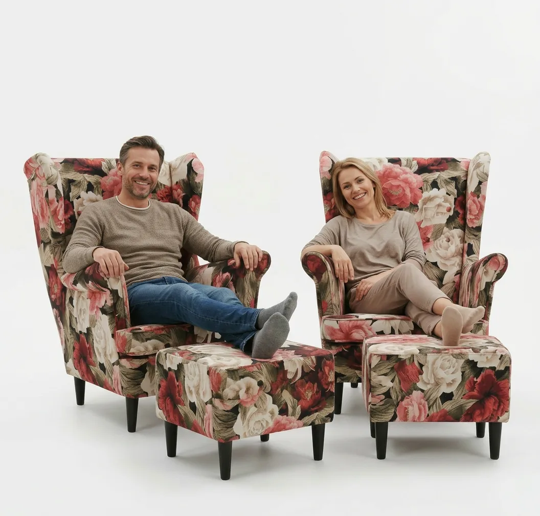 Fotele uszaki skandynawskie podnóżki zestaw pufą różowe wzory Family Meble — Flower 1