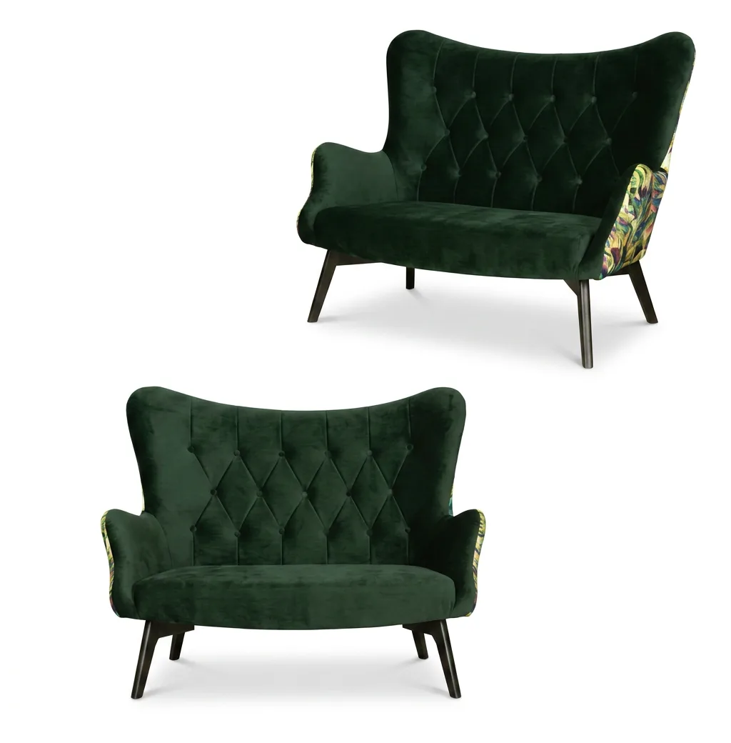 Sofa Kanapa Uszak Skandynawska żółta monstera welur Luna Print Family Meble