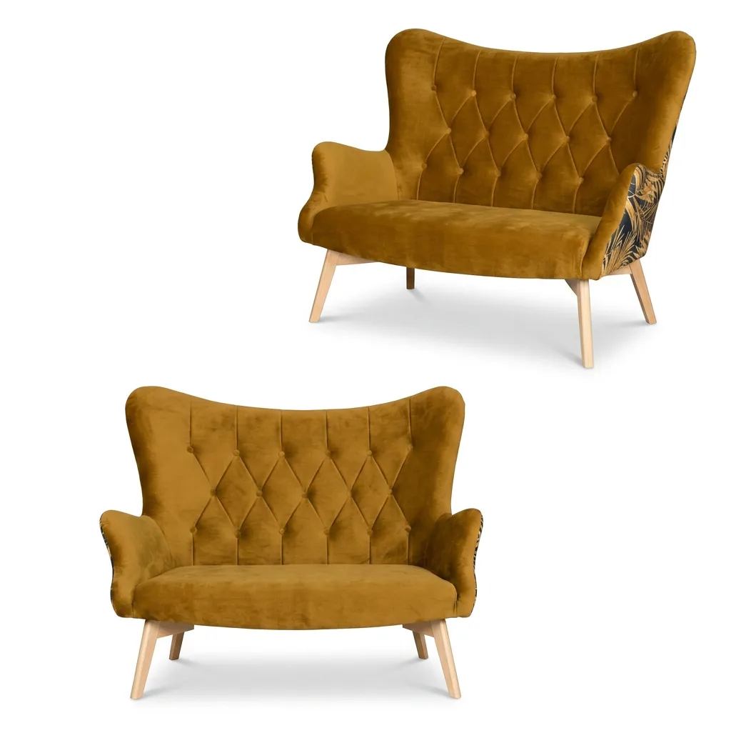 Sofa Kanapa Uszak Skandynawska żółty monstera welur Luna Print Family Meble