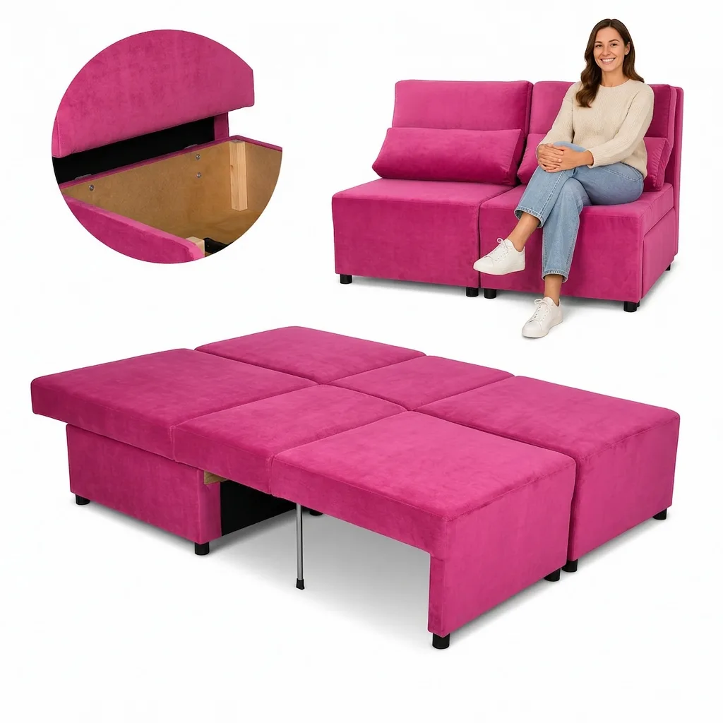 Kanapa 2 os sofa rozkładana spania pojemnik różowy KIMO Family Meble