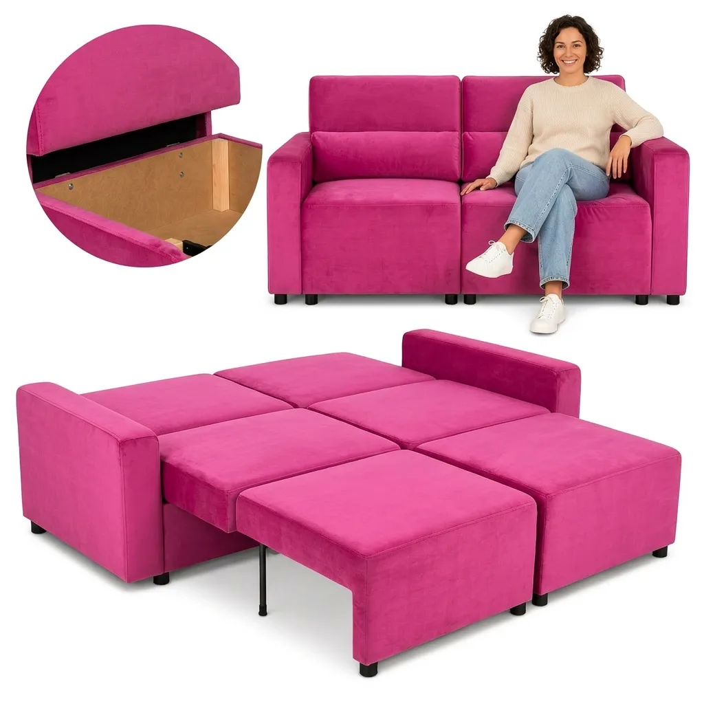 Kanapa 2 os sofa rozkładana spania pojemnik pudrowy róż Komo Family Meble