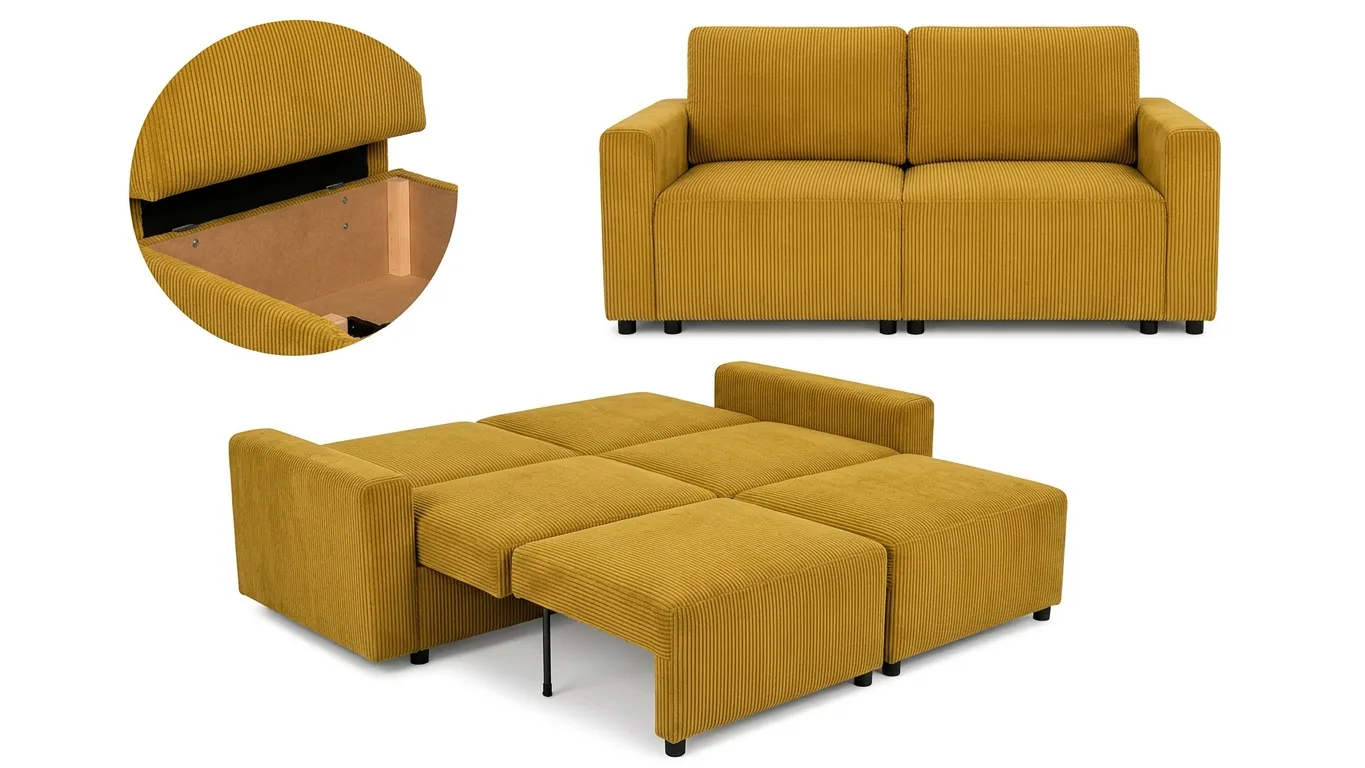 Kanapa 2 sofa rozkładana spania pojemnik zielony khaki sztruks Komo Family