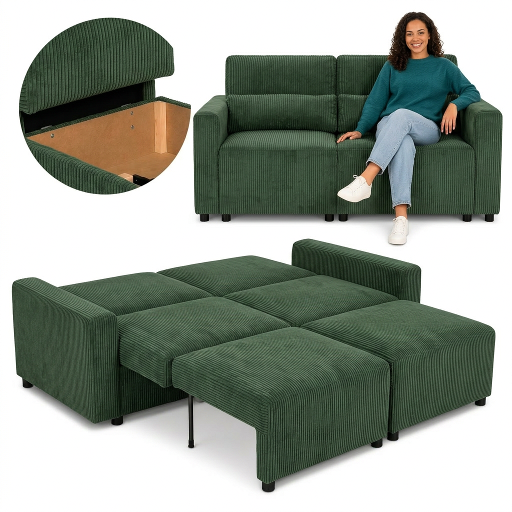 Kanapa 2 sofa rozkładana spania pojemnik kanapa khaki sztruks Komo Family