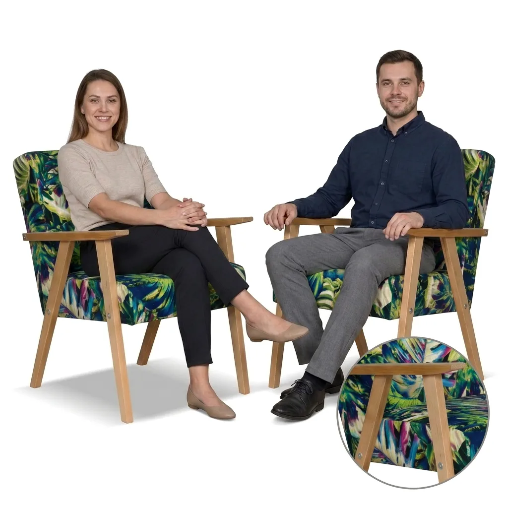 Zestaw 2 foteli w stylu PRL retro krzesło vintage Print zielony Soler