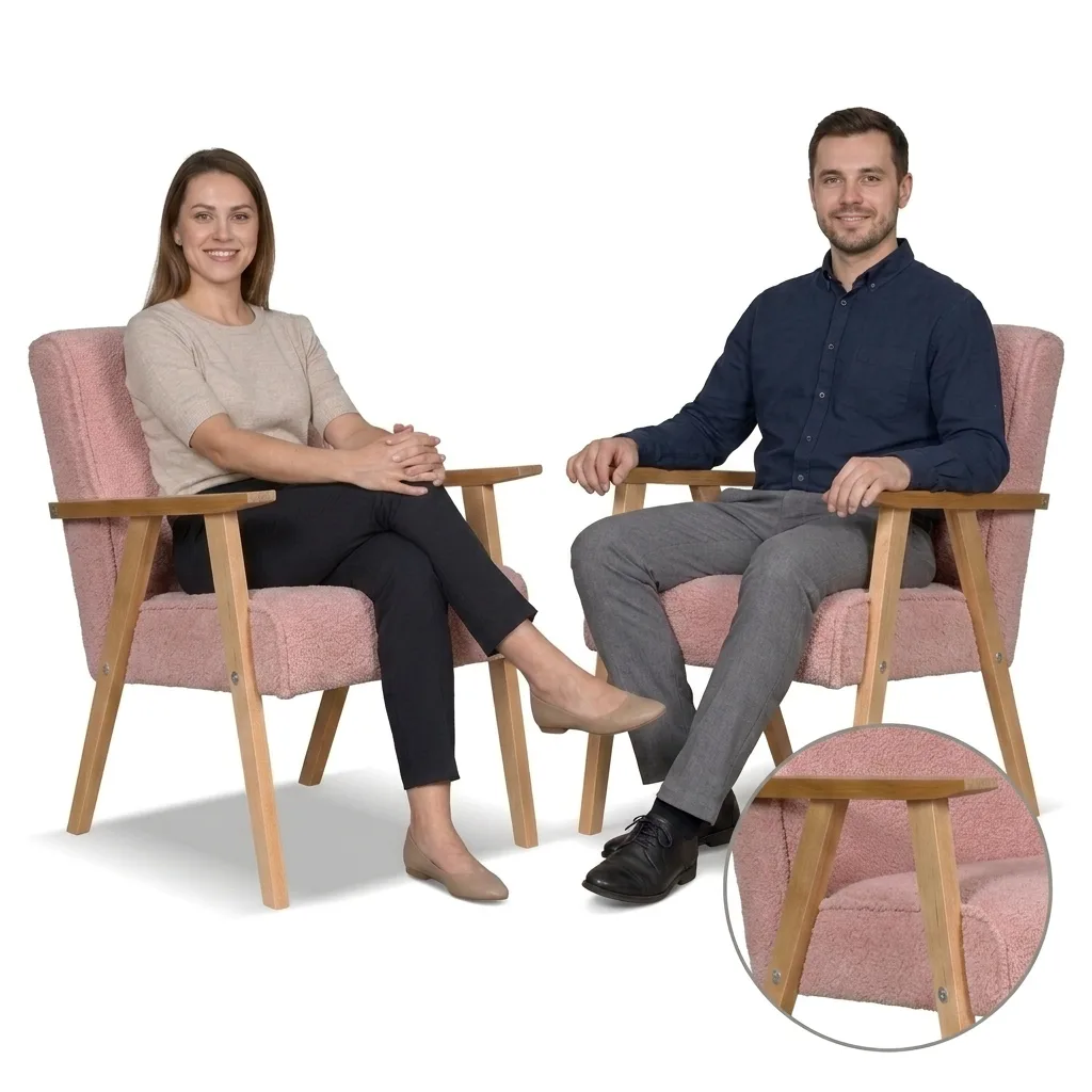 Zestaw 2 foteli w stylu PRL retro krzesło vintage welur różowy Soler Family