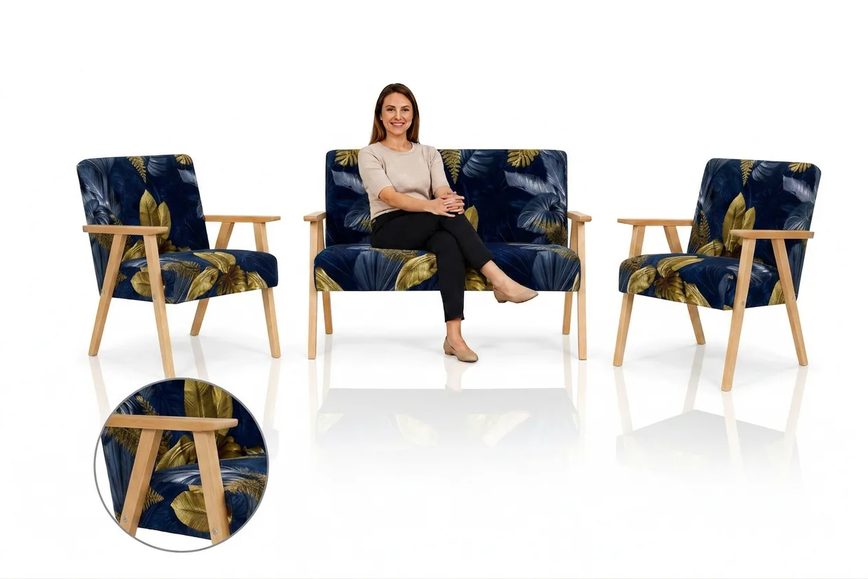 Zestaw wypoczynkowy sofa 2-os 2 fotele welur niebieski Soler Family Meble