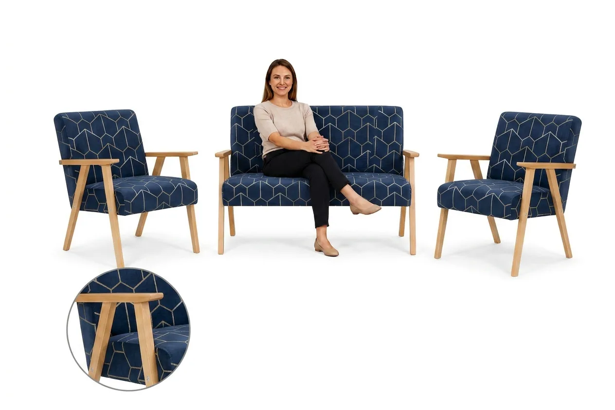 Zestaw wypoczynkowy sofa 2-os 2 fotele retro vintage tapicerowany czarny
