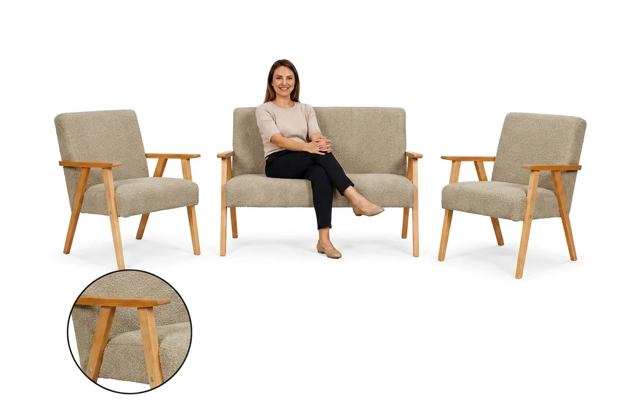 Zestaw wypoczynkowy sofa 2-os 2 fotele bujany beżowy Soler Family Meble