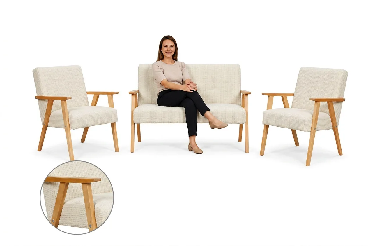 Zestaw wypoczynkowy sofa 2-os 2 fotele retro vintage szenil welur beż Soler