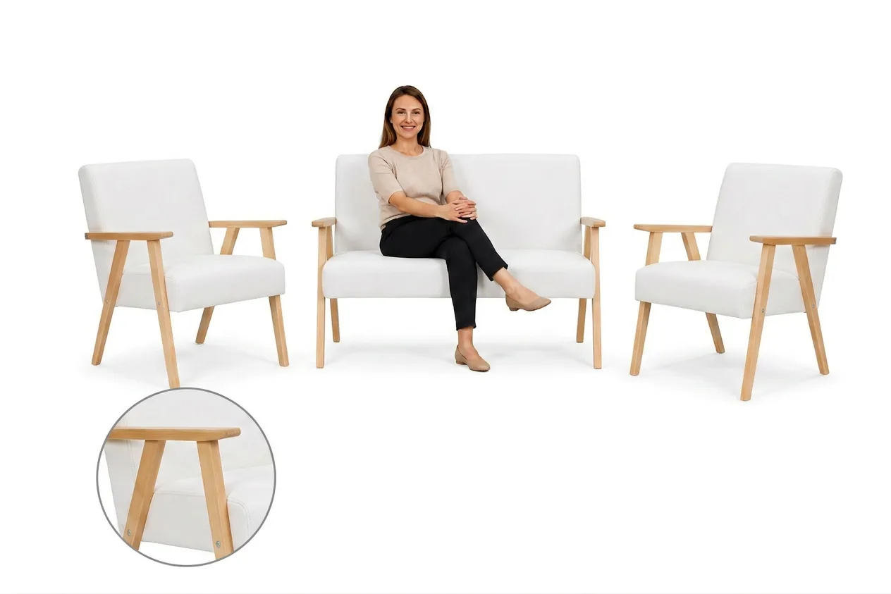 Zestaw wypoczynkowy sofa 2-os 2 fotele retro vintage ekoskóra biały Soler
