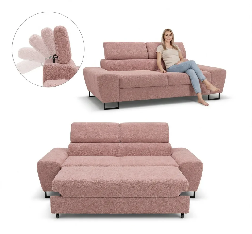 Kanapa sofa rozkładana f spania reg zagłówek welur różowy Savio 2 os Family
