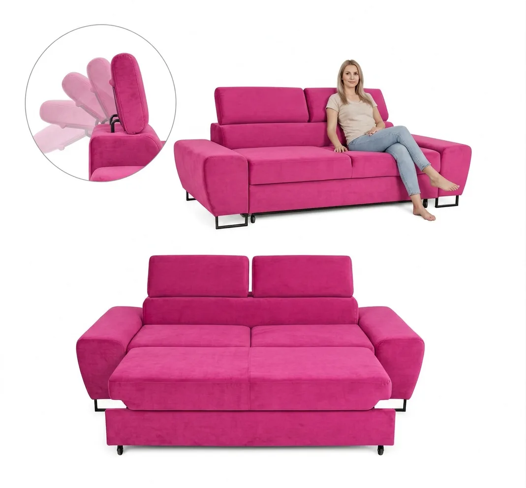 Kanapa sofa rozkładana f spania reg zagłówek różowy Savio 2 os Family Meble