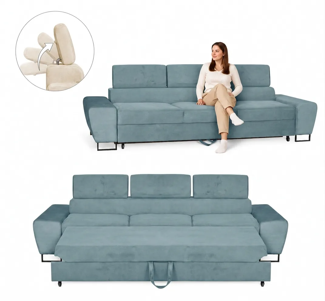 Kanapa sofa rozkładana f spania reg zagłówek różowy Savio 3 os Family Meble