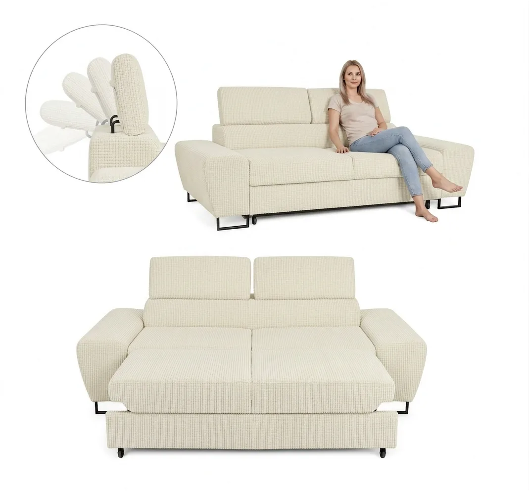 Kanapa sofa rozkładana f spania reg zagłówek szenil welur szary Savio 2 os