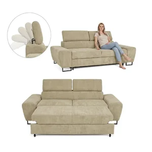 Kanapa sofa rozkładana f spania reg zagłówek szenil welur beżowy – Ramona 4 Savio 2 os