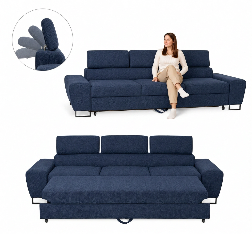 Kanapa sofa rozkładana f spania reg zagłówek Boucla granatowy Savio Family