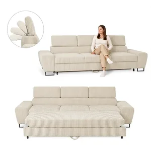 Kanapa sofa rozkładana f spania reg zagłówek sztruks beż Savio Family Meble