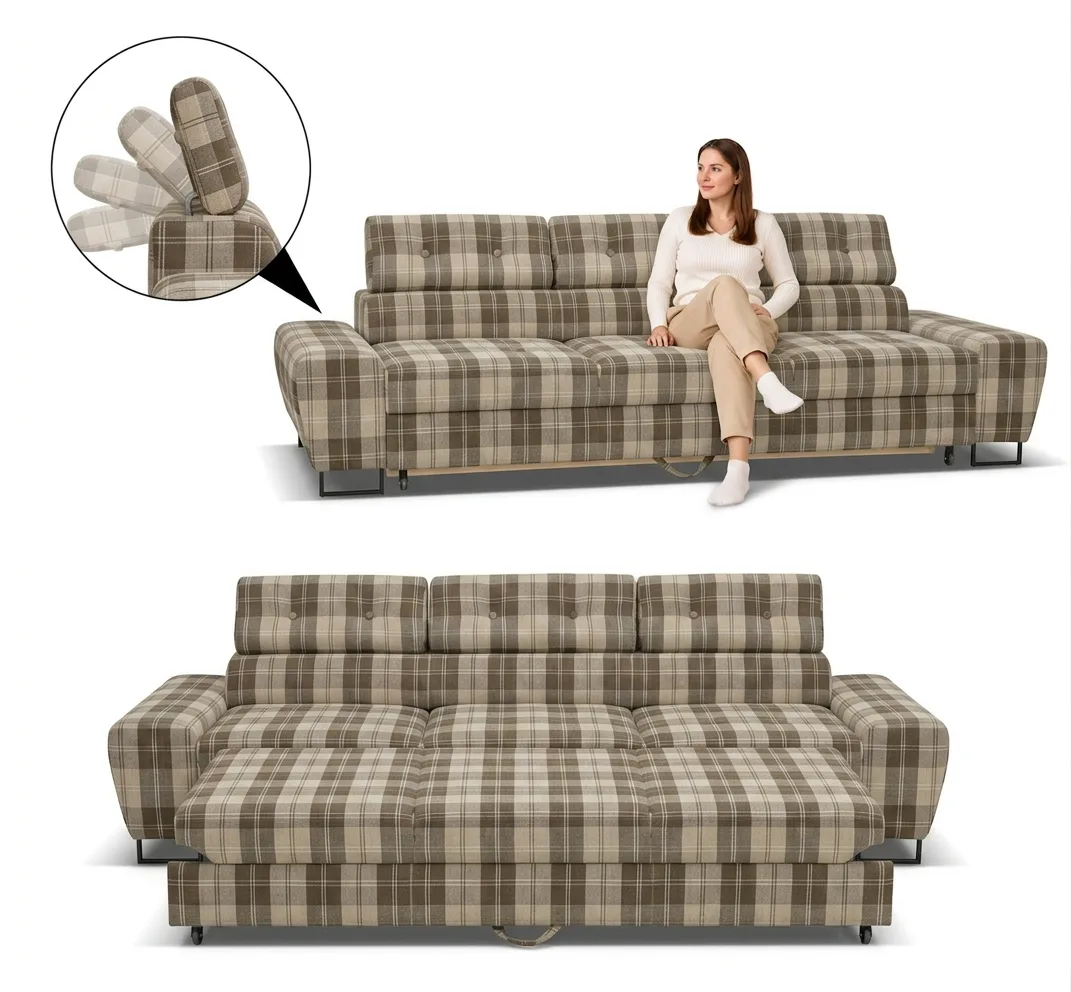 Kanapa sofa rozkładana f spania reg zagłówek pleciona brąz Savio 3 os