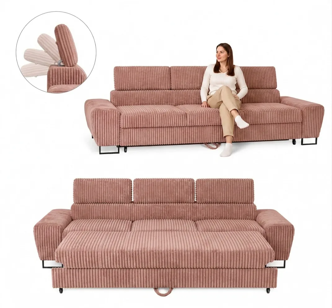 Kanapa sofa rozkładana f spania reg zagłówek sztruks beż Savio Family Meble — różowy