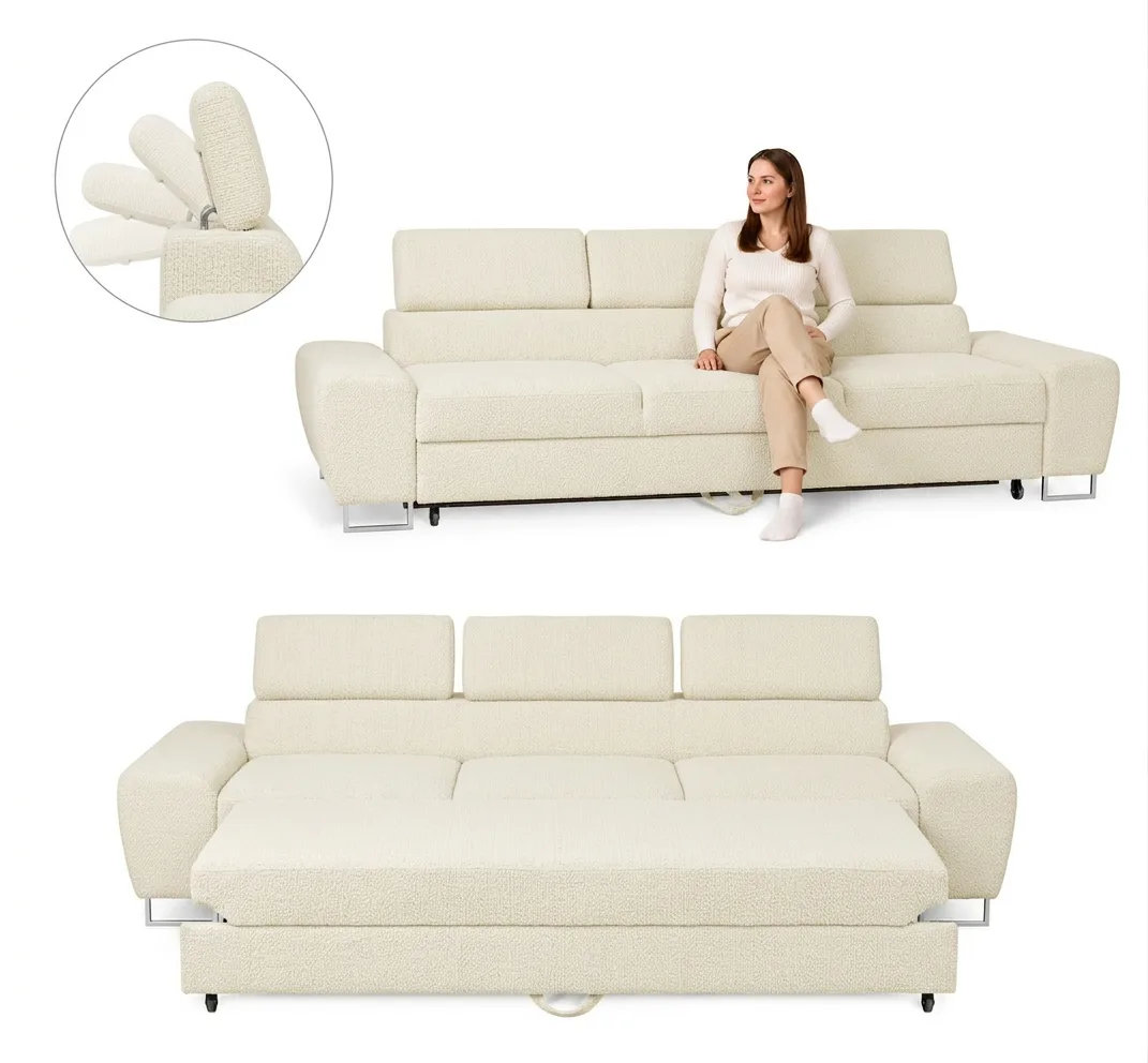 Kanapa sofa rozkładana f spania reg zagłówek welur beż Savio 3 os Family