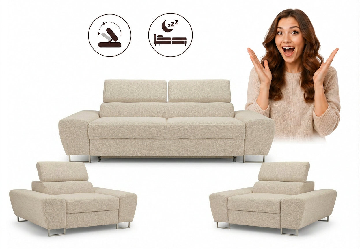 Zestaw wypoczynkowy sofa 2 fotele beżowy welur salonu Savio Family Meble