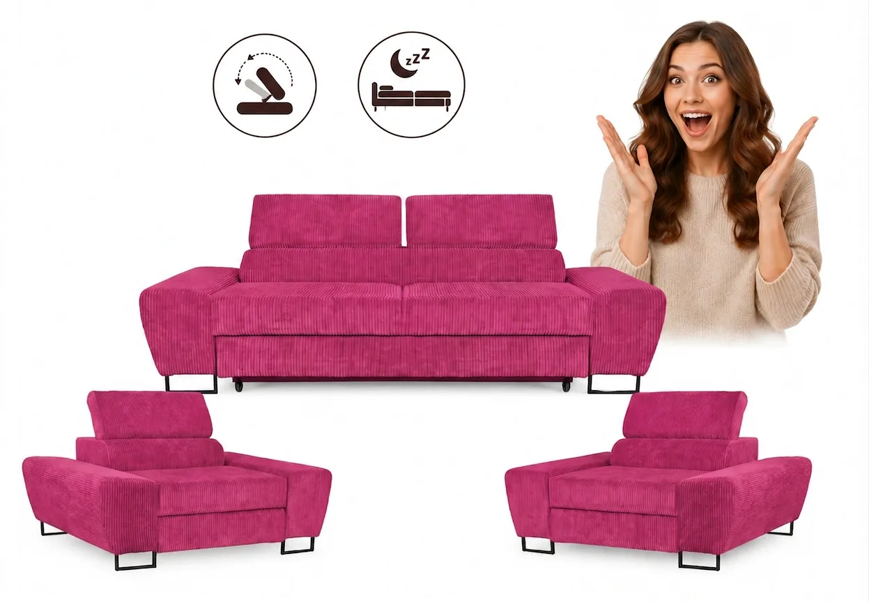 Zestaw wypoczynkowy sofa kanapa 2 fotele różowy welur Savio Family Meble