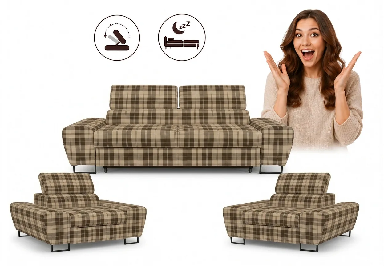Zestaw wypoczynkowy sofa kanapa 2 fotele szary kratka Savio Family Meble